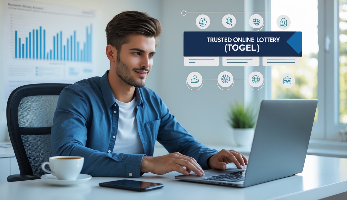 Seorang pria muda duduk di meja dengan laptop terbuka, menggunakan perangkat digital di ruang kerja rumah yang terang dan rapi.