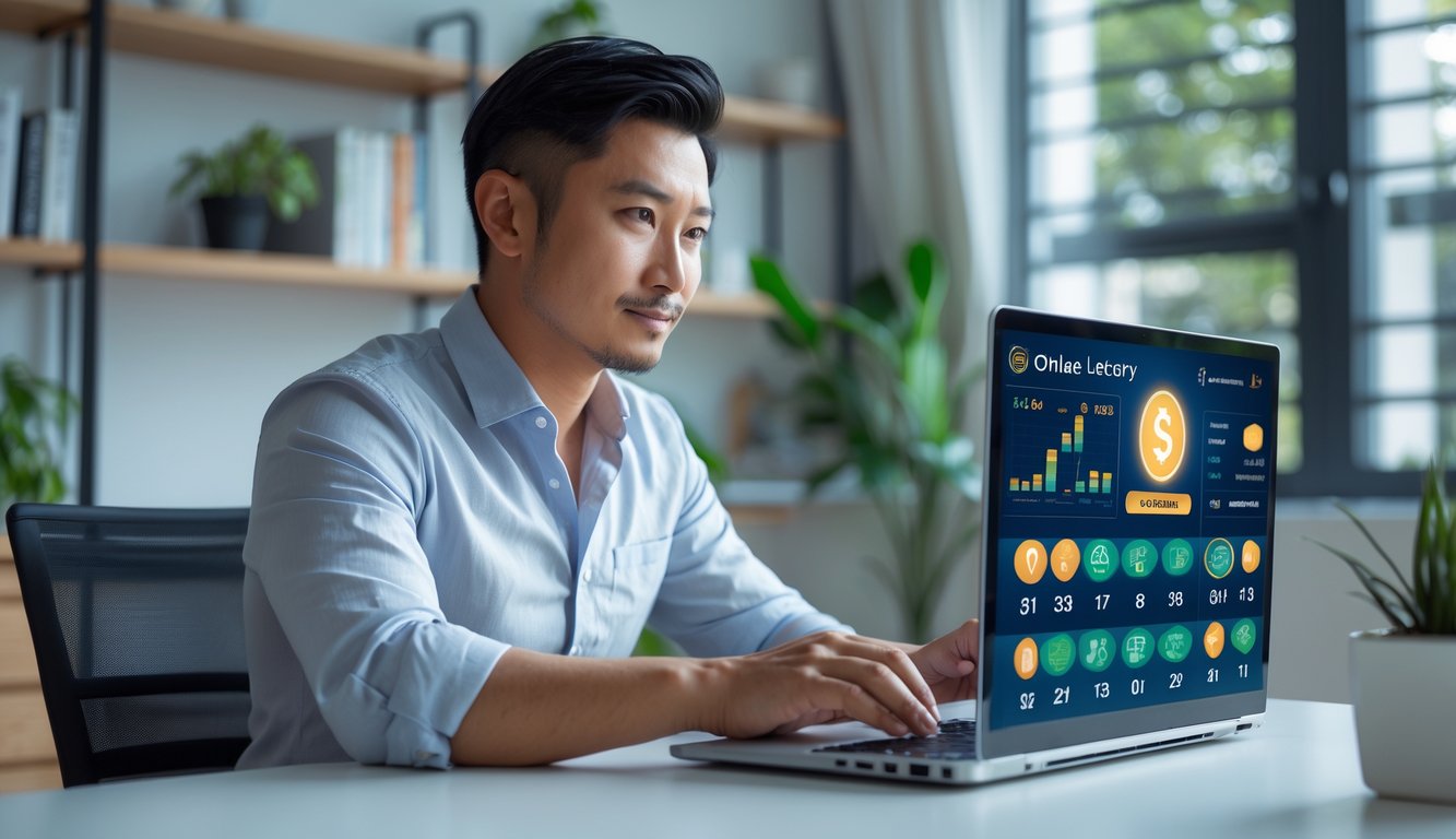 Seorang pria Asia Tenggara duduk di meja kerja dengan laptop, fokus pada layar yang menampilkan grafik dan angka, di ruangan rumah yang rapi dan terang.