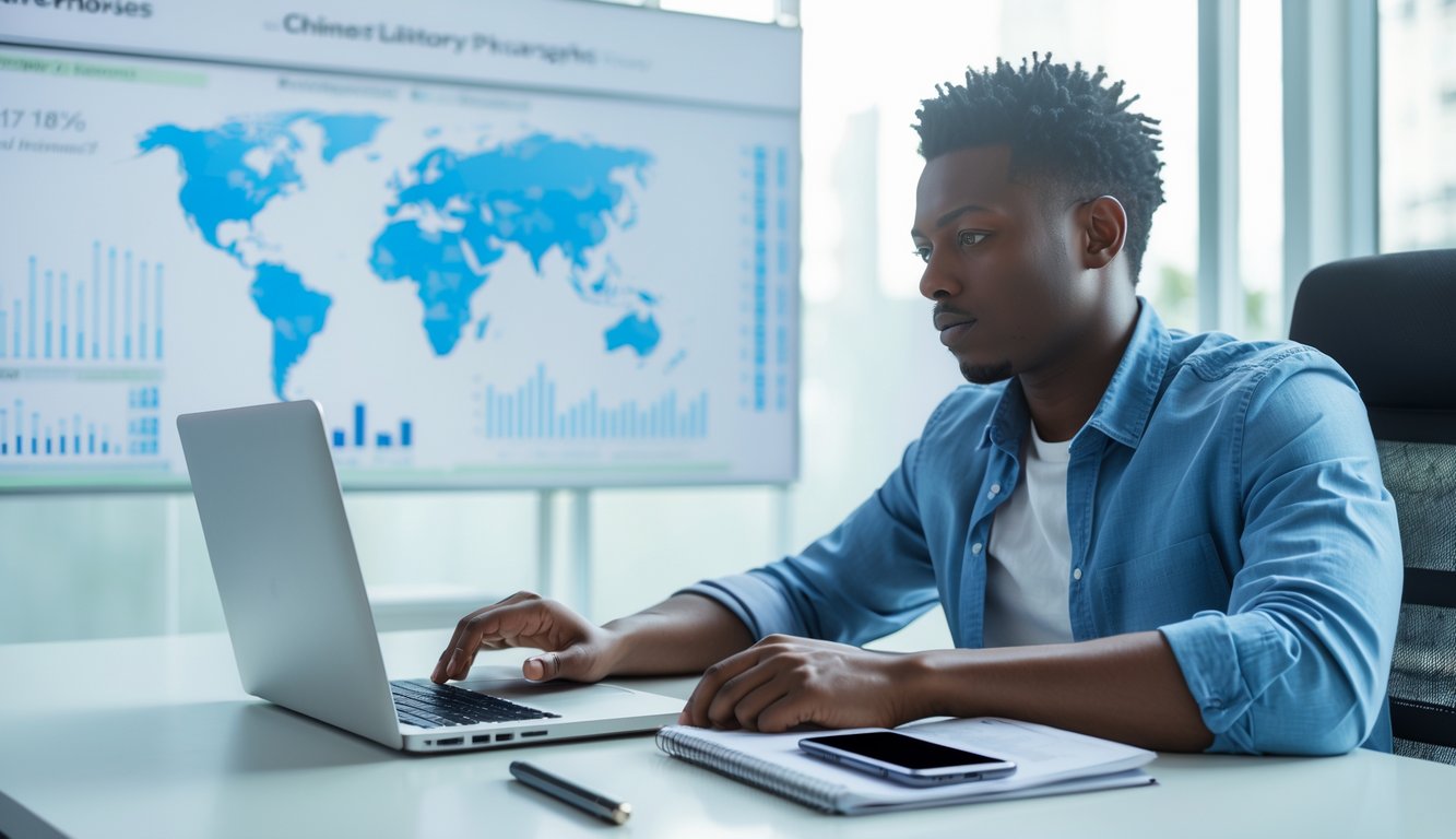 Seorang pria duduk di meja kantor modern dengan laptop terbuka, melihat data dan grafik, tampak fokus dan serius.