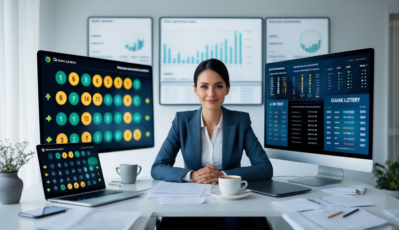 Seseorang duduk di meja dengan beberapa layar komputer yang menampilkan angka lotere dan grafik, terlihat fokus dan sedang merencanakan strategi togel online.
