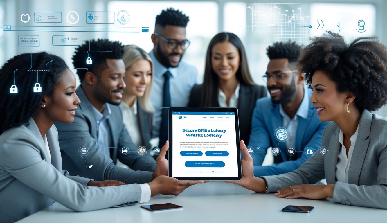 Sekelompok orang sedang melihat tablet digital yang menampilkan situs togel online dengan suasana kantor modern dan elemen keamanan digital di latar belakang.