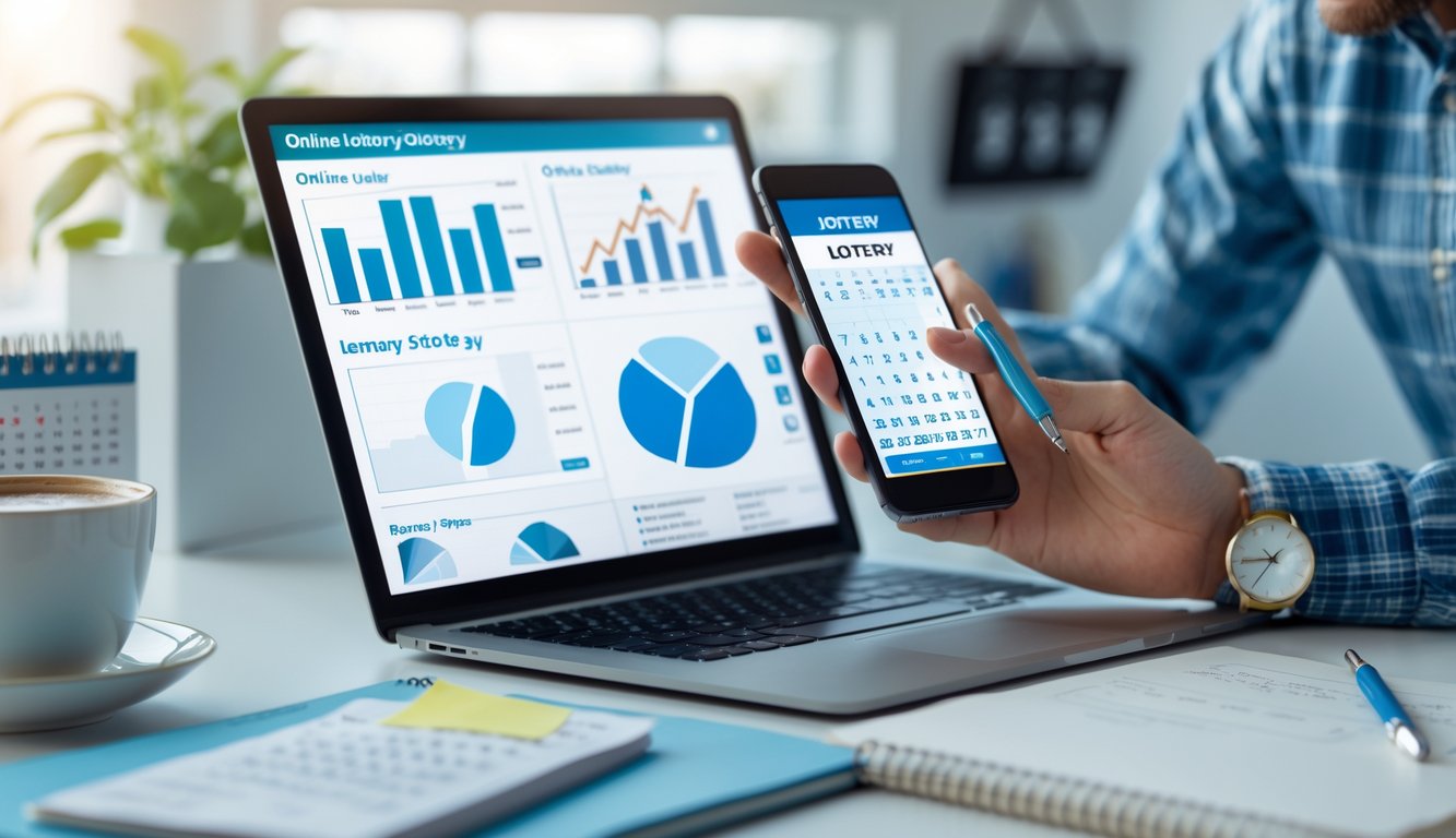 Seseorang sedang bekerja dengan laptop dan smartphone di meja yang rapi, menganalisis data terkait permainan togel online.