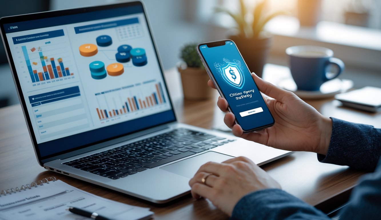 Meja kerja dengan laptop, tangan menggunakan ponsel, dan alat tulis yang menunjukkan aktivitas strategi bermain togel online dengan aman.