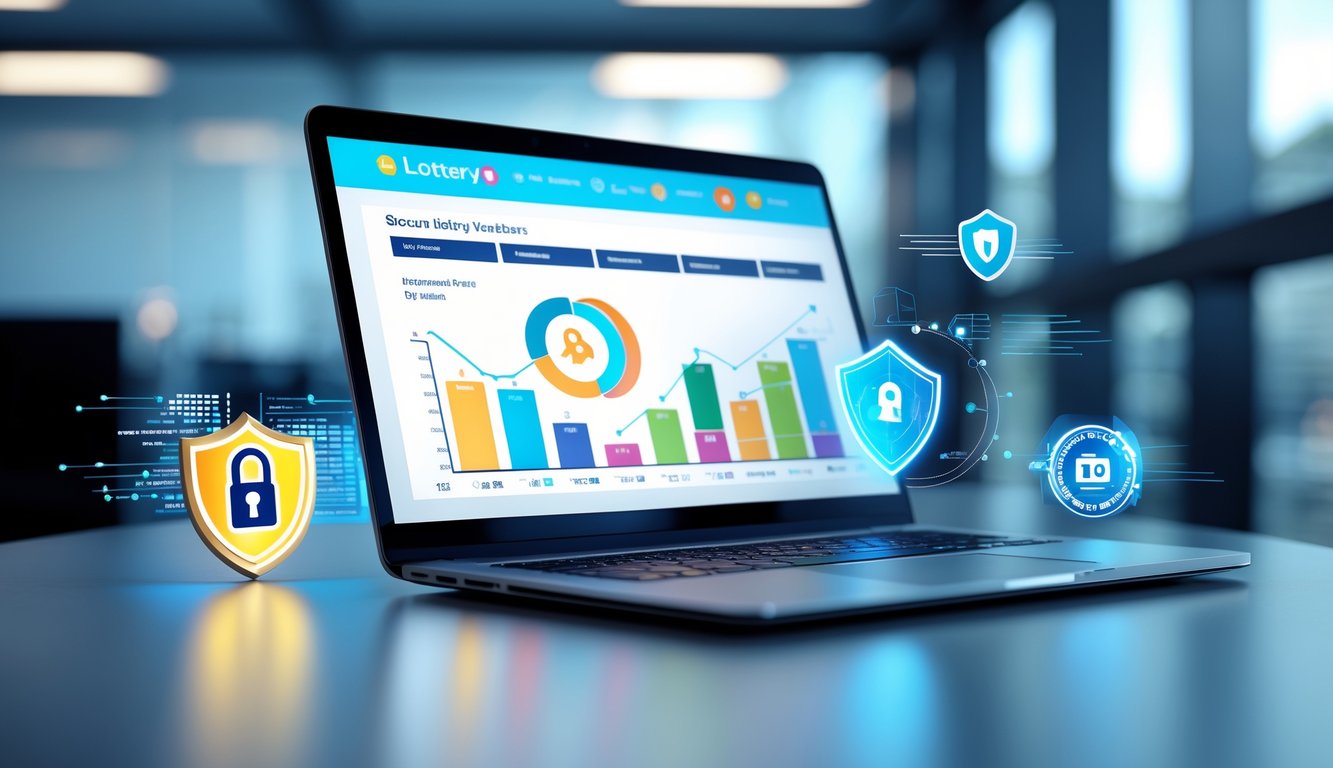 Seorang pria menggunakan laptop di kantor modern dengan ikon kunci dan perisai yang melambangkan keamanan dalam permainan togel online.