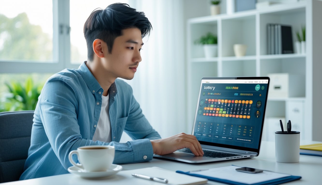 Seorang pria muda duduk di meja kerja dengan laptop, melihat layar yang menampilkan data terkait togel online, di ruang kerja rumah yang rapi dan terang.