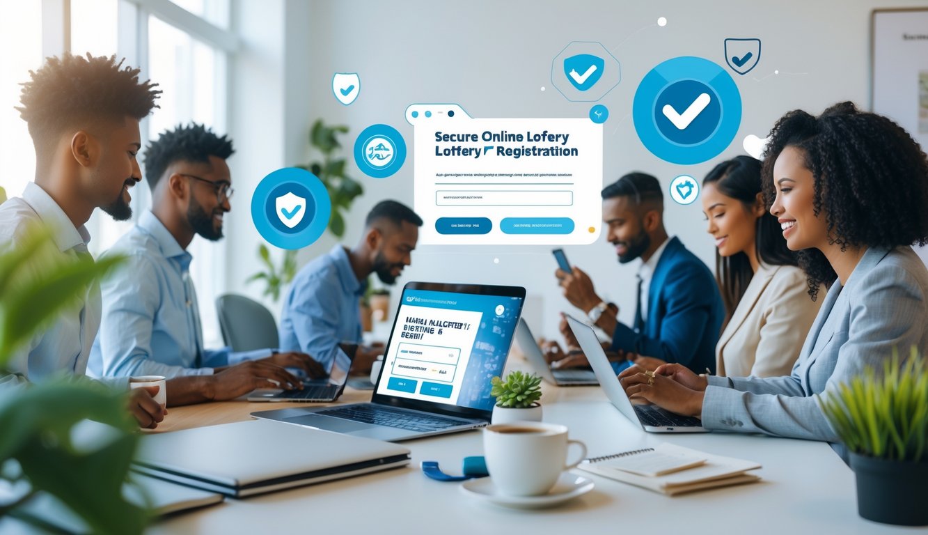 Orang-orang menggunakan laptop dan ponsel di kantor modern yang terang dan rapi, menunjukkan aktivitas pendaftaran togel online dengan suasana aman dan percaya diri.