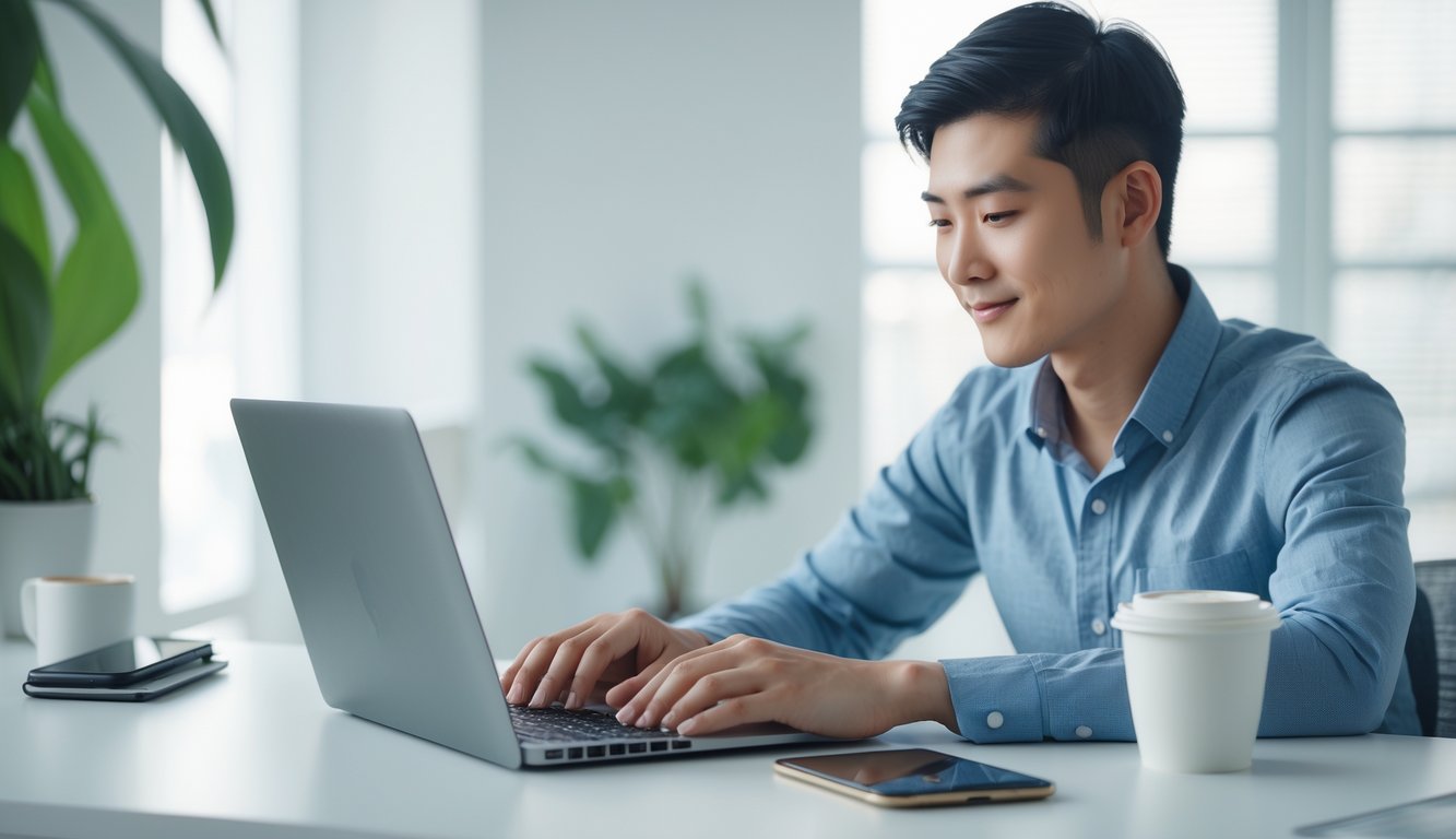 Seorang pria muda sedang menggunakan laptop di meja kerja modern di rumah, terlihat fokus dan santai saat mendaftar layanan togel online dengan suasana ruangan yang terang dan rapi.