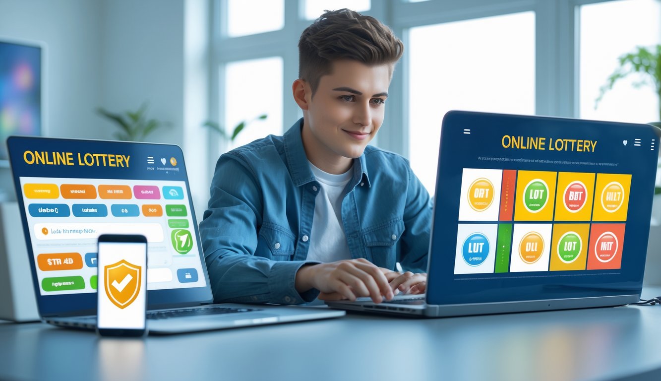 Seorang dewasa muda duduk di meja dengan laptop dan ponsel, menggunakan aplikasi lotere online dalam ruangan yang terang dan modern.