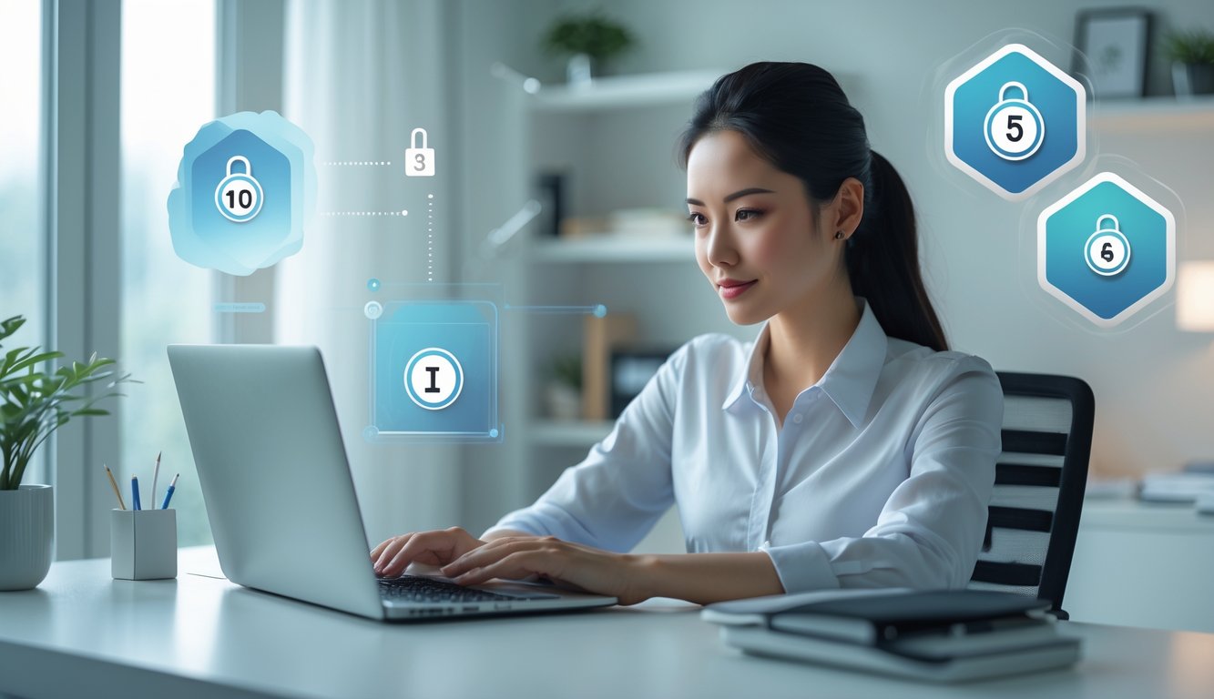 Seseorang duduk di meja dengan laptop, fokus menggunakan situs togel online yang aman, di ruang kerja yang rapi dan terang.