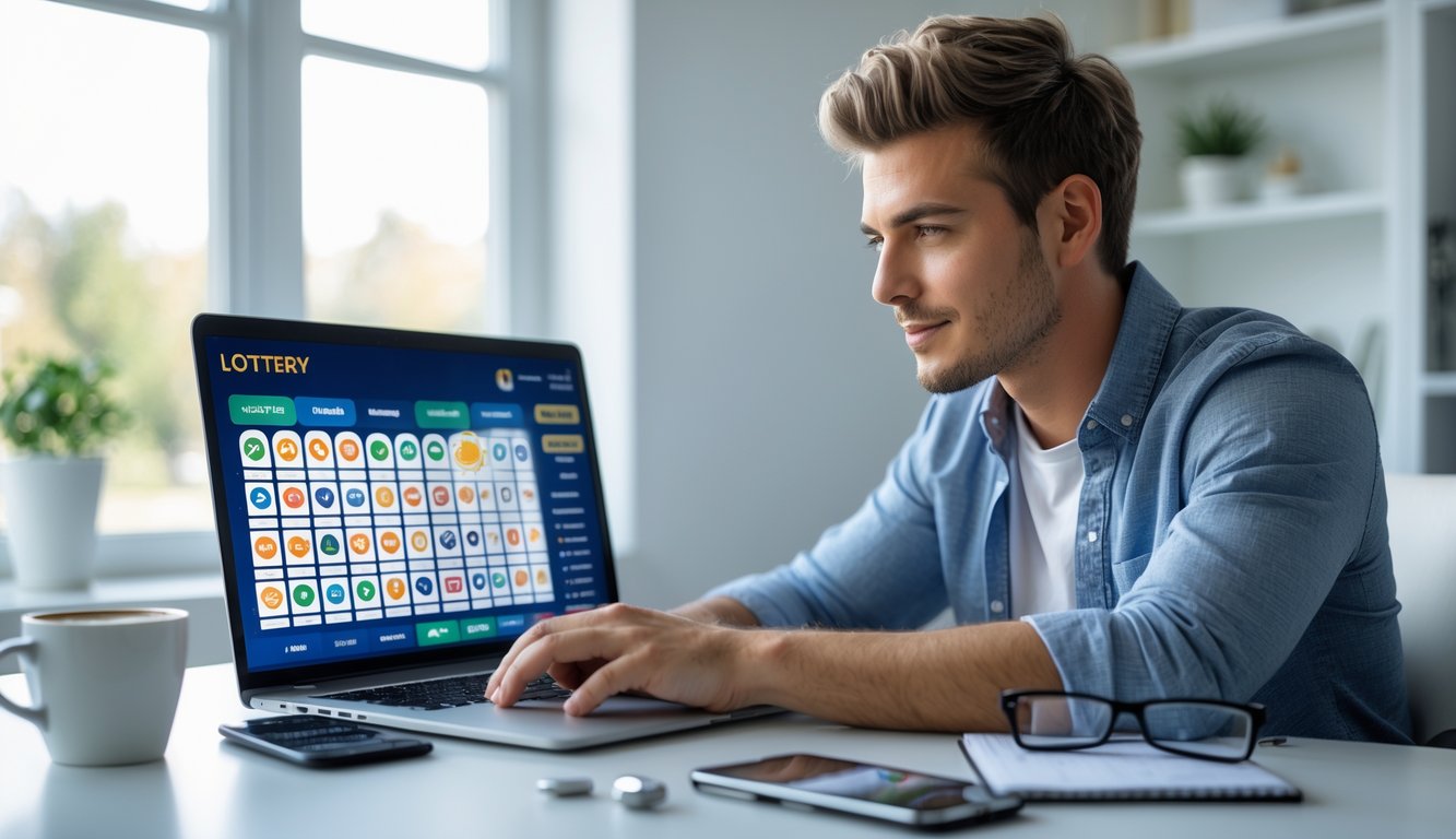 Seorang pria muda duduk di meja dengan laptop, fokus pada layar yang menampilkan antarmuka togel online, di ruang kerja rumah yang terang dan rapi.