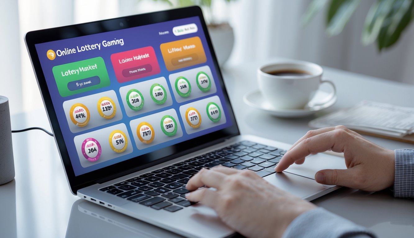 Meja kerja dengan laptop yang menampilkan situs togel online, tangan seseorang sedang menggunakan laptop, suasana tenang dan fokus.