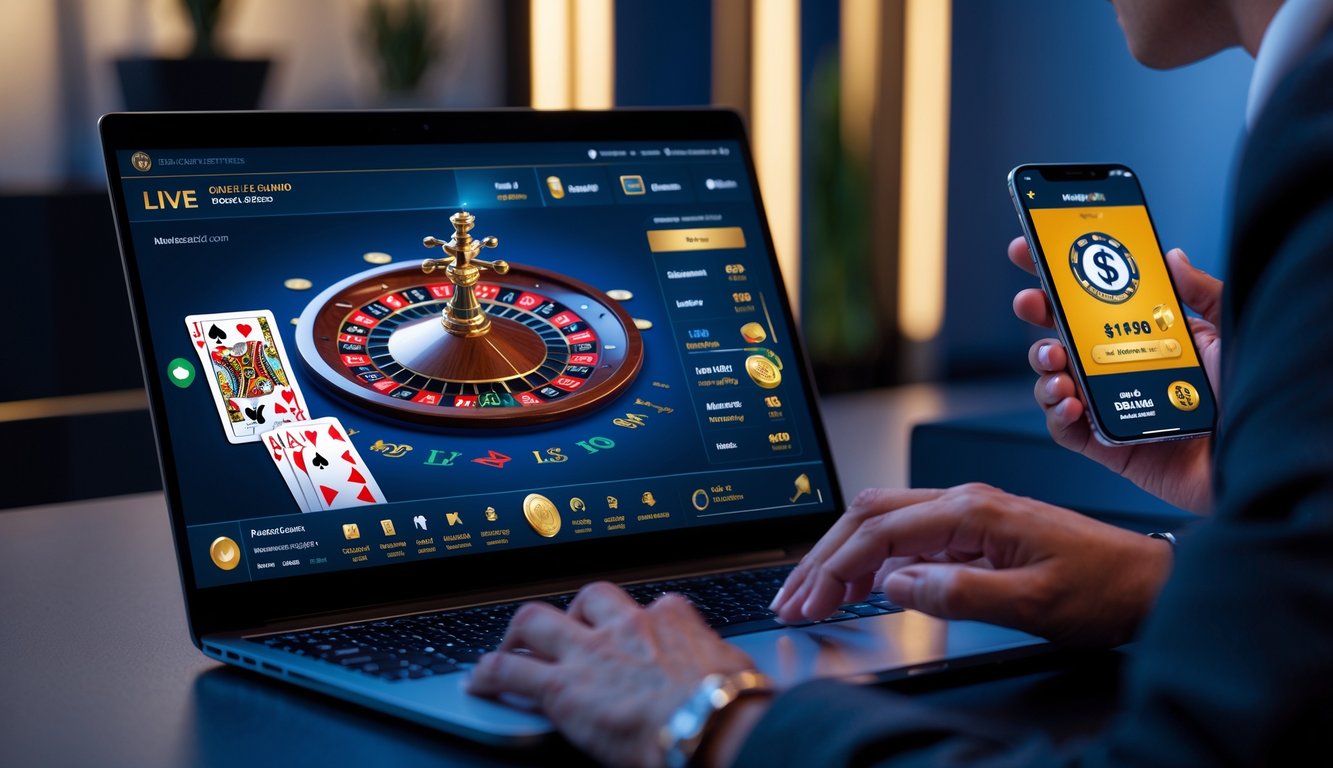 Seseorang menggunakan laptop dan ponsel untuk bermain kasino online dengan tampilan dealer langsung dan aplikasi bank lokal di meja yang rapi.
