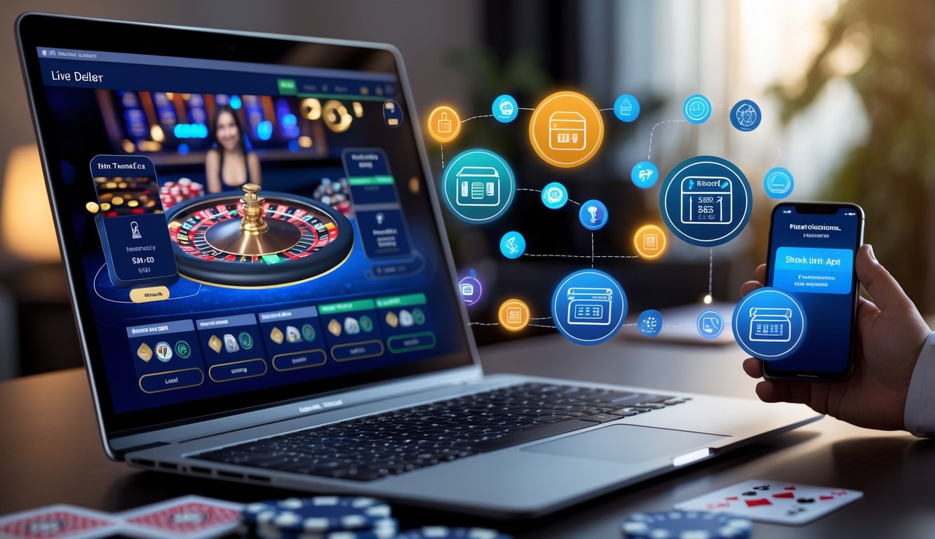 Seorang pemain menggunakan komputer dengan tampilan kasino langsung dan ikon metode pembayaran bank lokal di layar.