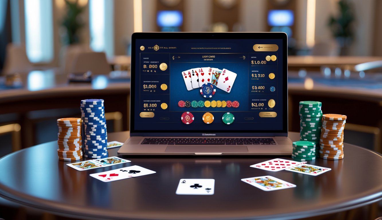 Seorang pemain sedang menggunakan laptop dengan permainan kasino langsung, dikelilingi oleh chip kasino dan kartu remi di atas meja kayu, dengan latar belakang suasana bank yang mewah dan pencahayaan lembut.