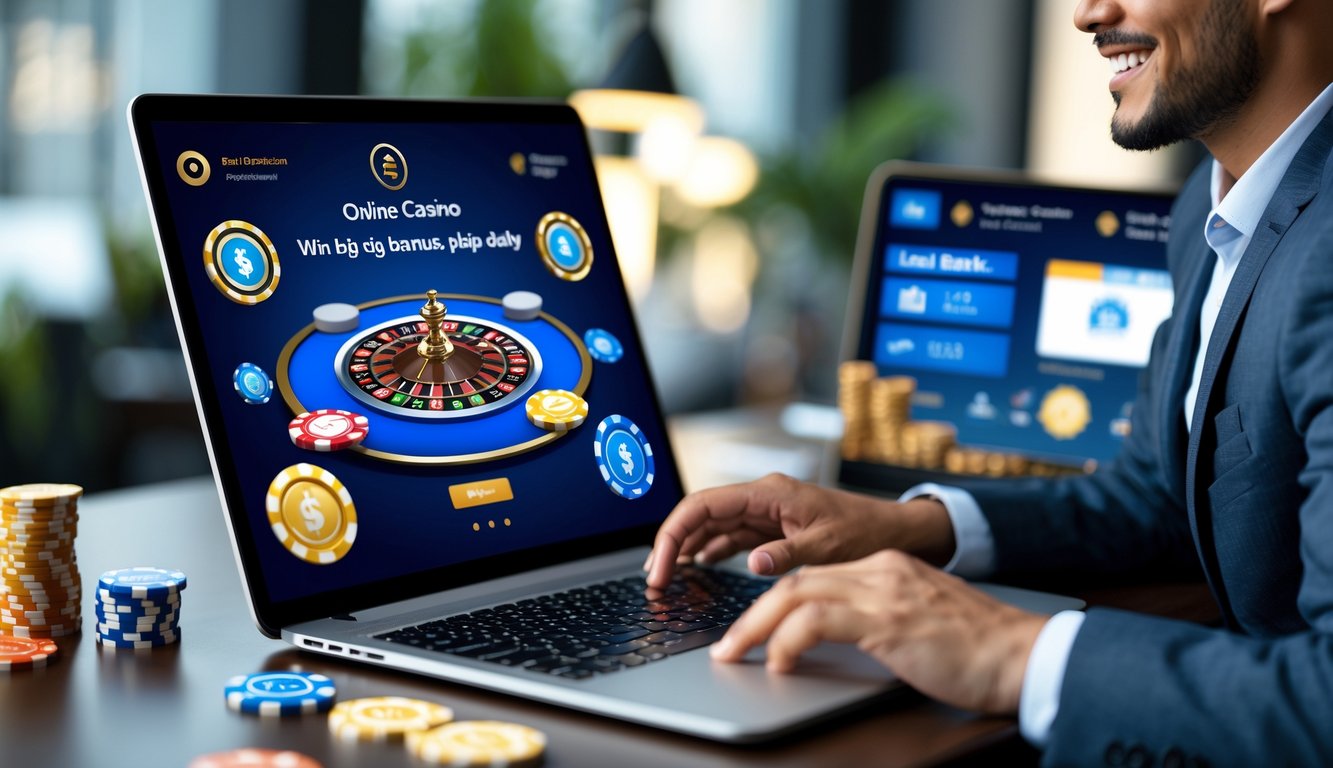 Seorang pria tersenyum menggunakan laptop dengan tampilan permainan kasino langsung dan simbol bank lokal yang menunjukkan transaksi aman.