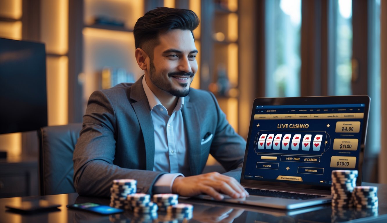 Seorang pria duduk di depan laptop dengan tampilan kasino online, di meja terdapat chip poker dan ponsel dengan aplikasi perbankan, menunjukkan suasana bermain kasino online dengan bonus besar.