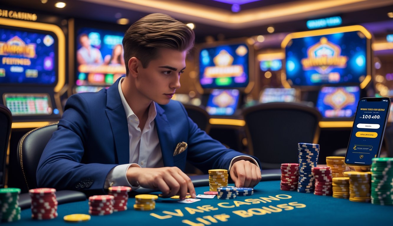 Seorang dewasa muda duduk di meja permainan kasino online dengan kartu dan chip, terlihat fokus dan strategis.