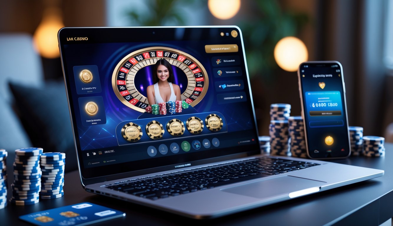 Seseorang menggunakan laptop dan ponsel untuk bermain kasino langsung online dengan chip kasino dan kartu kredit di meja.