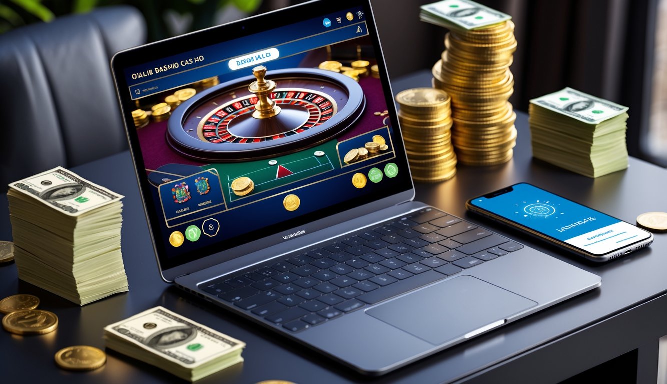Seorang pemain sedang menggunakan komputer untuk bermain live casino online dengan simbol transaksi bank lokal di sekitar perangkat.