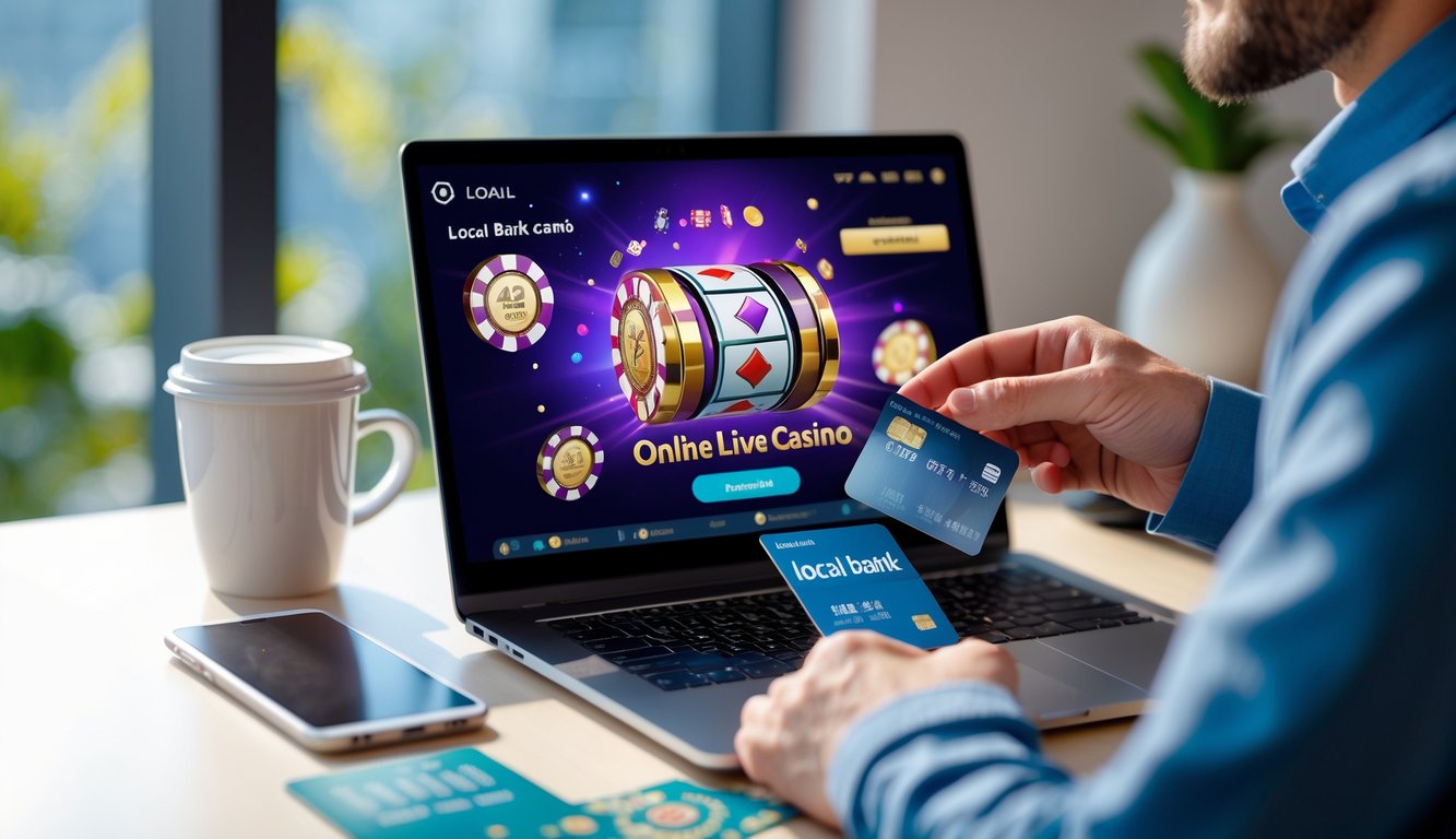 Seseorang menggunakan laptop dengan tampilan permainan kasino langsung dan aplikasi bank lokal di meja kerja yang rapi.