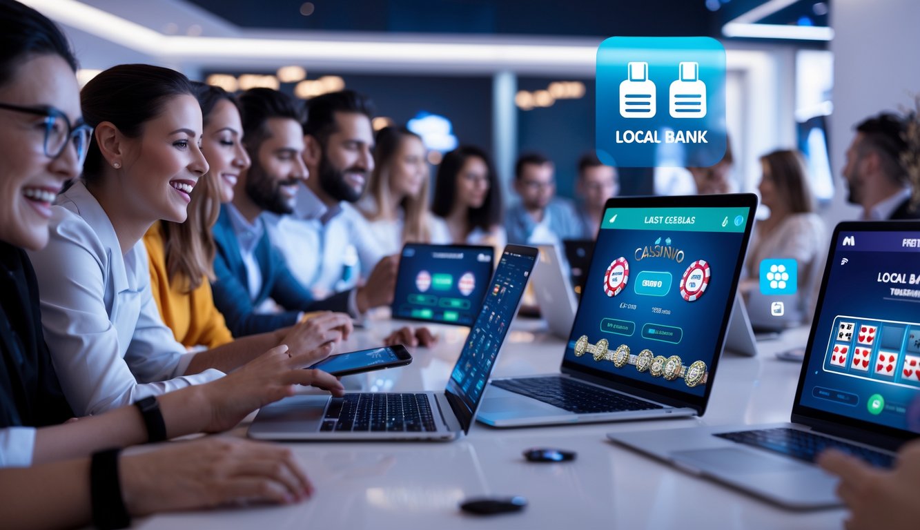 Orang-orang menggunakan perangkat digital untuk bermain kasino online dengan suasana modern dan ikon perbankan lokal di latar belakang.