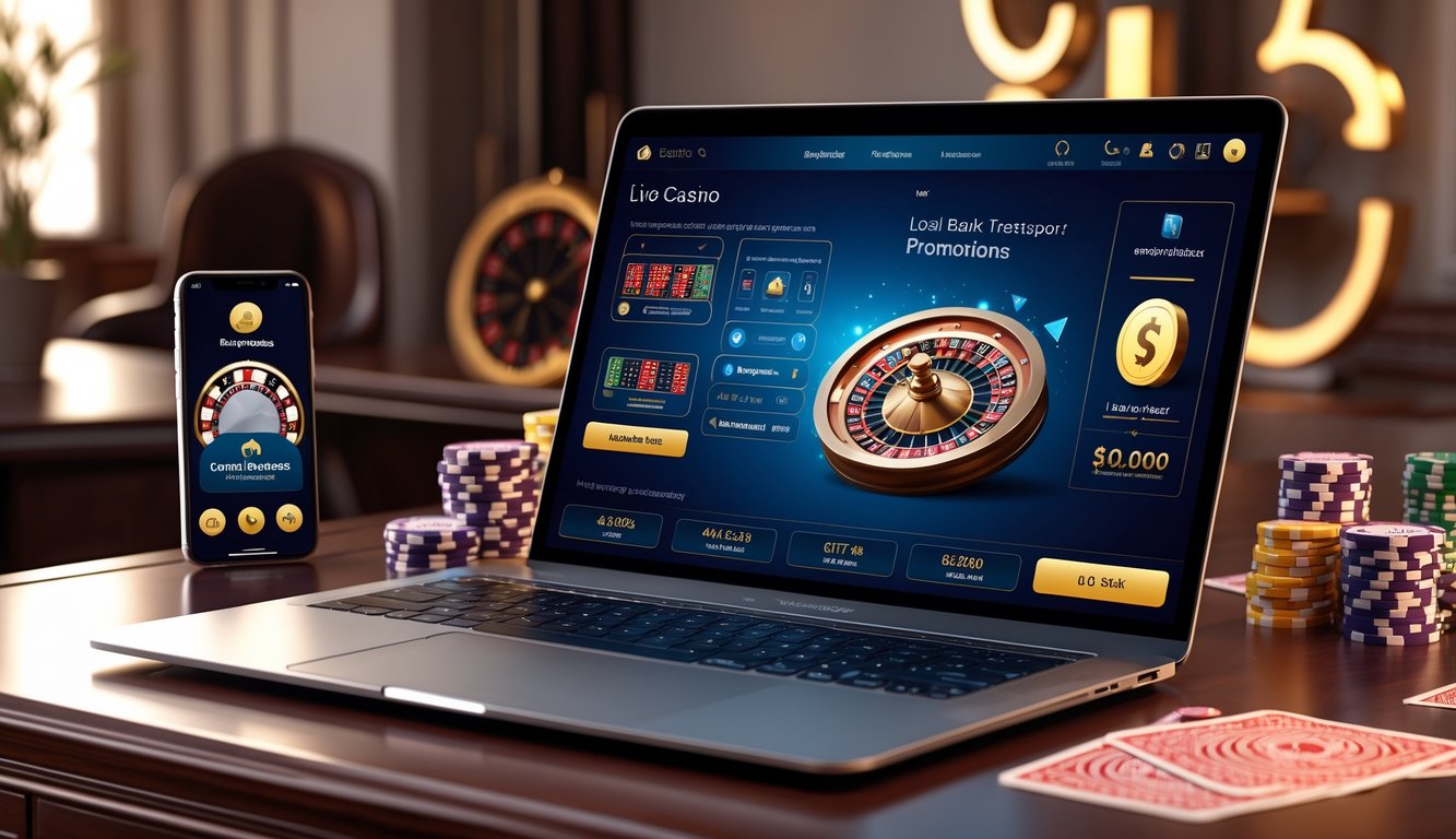 Seorang pengguna sedang mengakses situs live casino online dengan tampilan permainan kartu dan aplikasi bank lokal di perangkat digital di atas meja kayu.