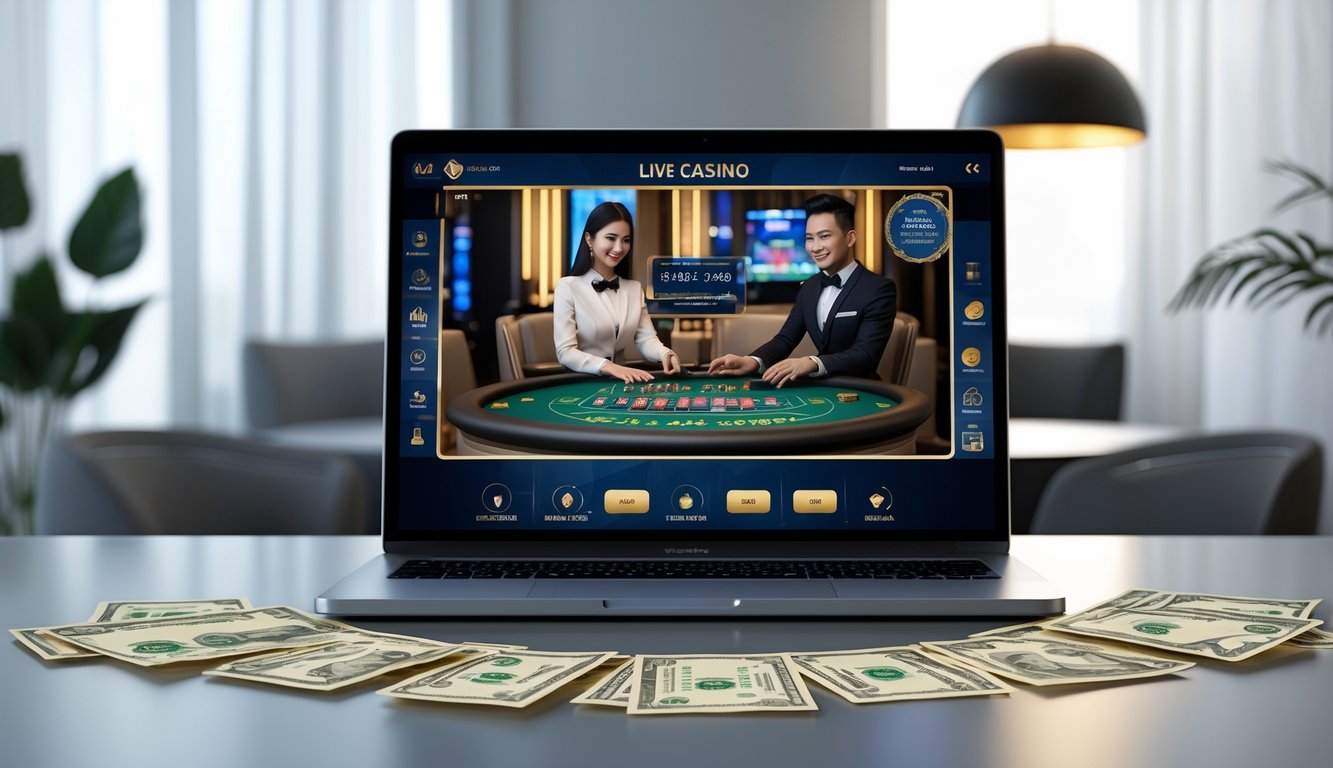 Seorang dealer kasino langsung berinteraksi dengan pemain melalui layar komputer di lingkungan kasino online dengan simbol uang dan perbankan lokal Indonesia.