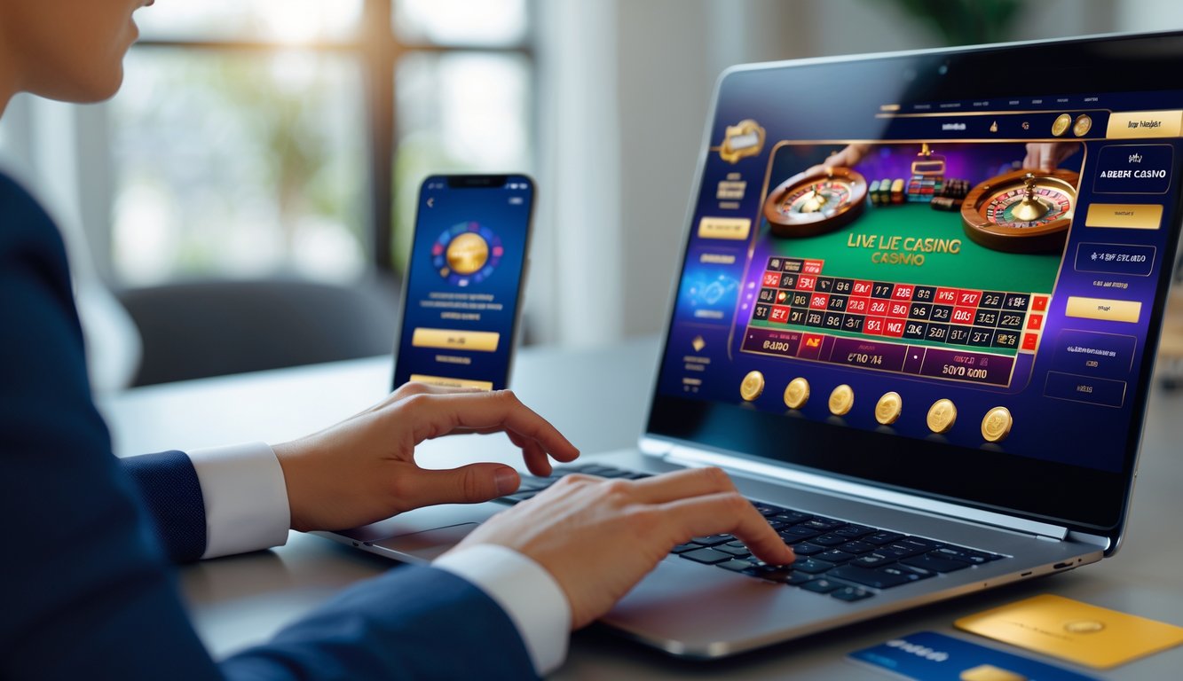 Seseorang menggunakan komputer dengan tampilan permainan kasino online dan elemen yang menunjukkan transaksi perbankan di lingkungan rumah atau kantor.