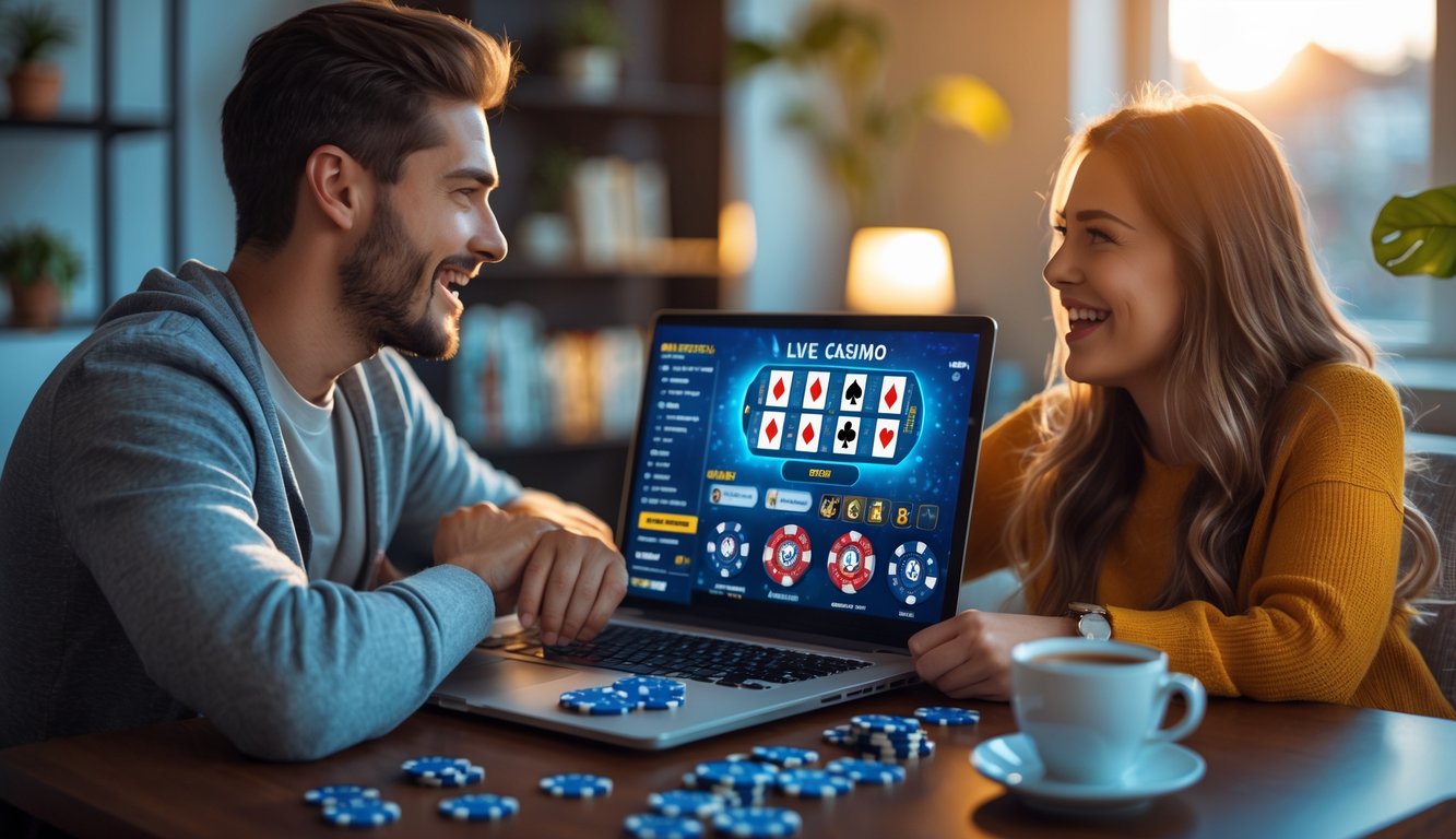 Seorang pria dan wanita duduk di meja dengan laptop, kartu remi, dan chip poker, bermain kasino online sambil menggunakan aplikasi bank lokal di ponsel.