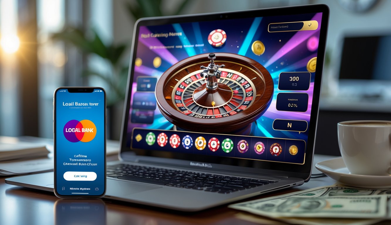 Seseorang menggunakan laptop dan smartphone untuk bermain live casino online dengan tampilan aplikasi bank lokal di layar ponsel di ruang tamu yang nyaman.