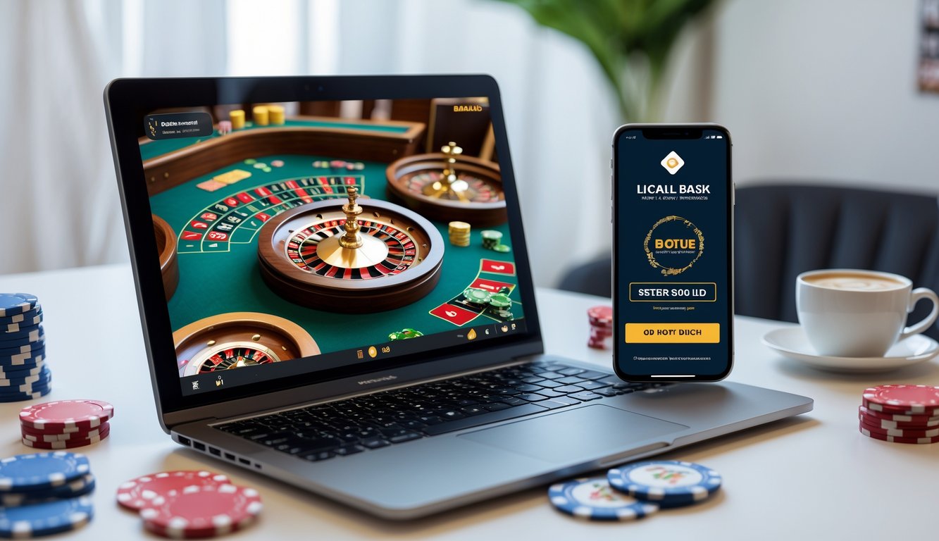 Seorang pengguna sedang menggunakan laptop dan ponsel untuk bermain live casino online dengan tampilan aplikasi bank lokal dan bonus di layar.