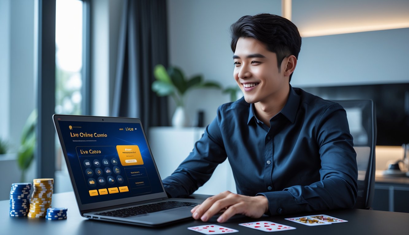 Seorang pria muda duduk di meja dengan laptop yang menampilkan permainan kasino online, dikelilingi oleh chip poker dan kartu remi, dengan ponsel yang menunjukkan aplikasi bank lokal di sampingnya.