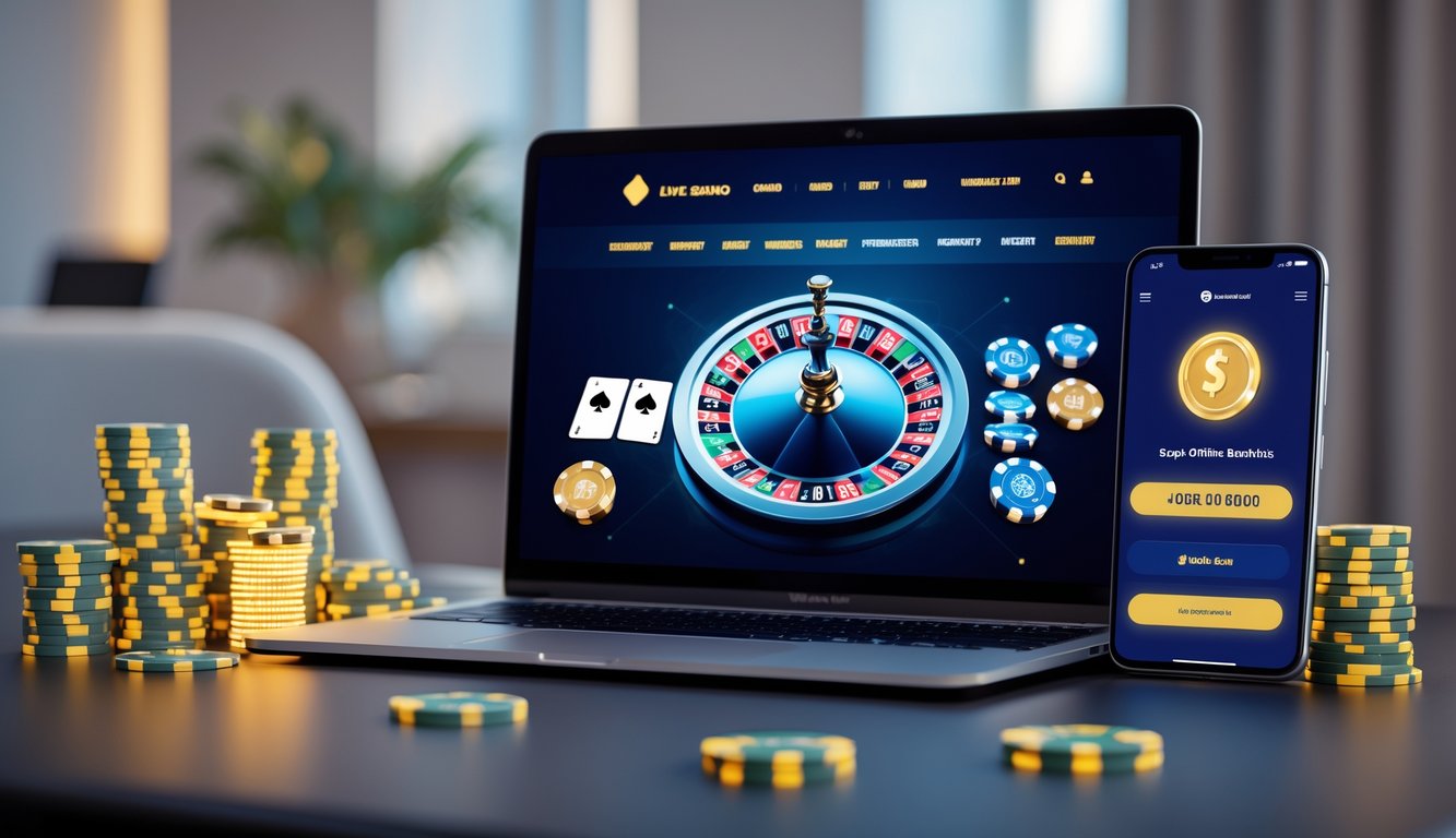 Seorang pengguna sedang bermain kasino online langsung dengan layar komputer dan ponsel yang menampilkan aplikasi perbankan lokal yang aman.