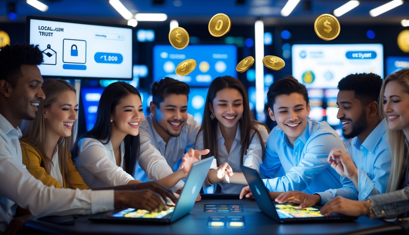 Sekelompok orang muda sedang bermain permainan kasino langsung menggunakan perangkat digital dengan latar belakang simbol perbankan lokal yang aman.