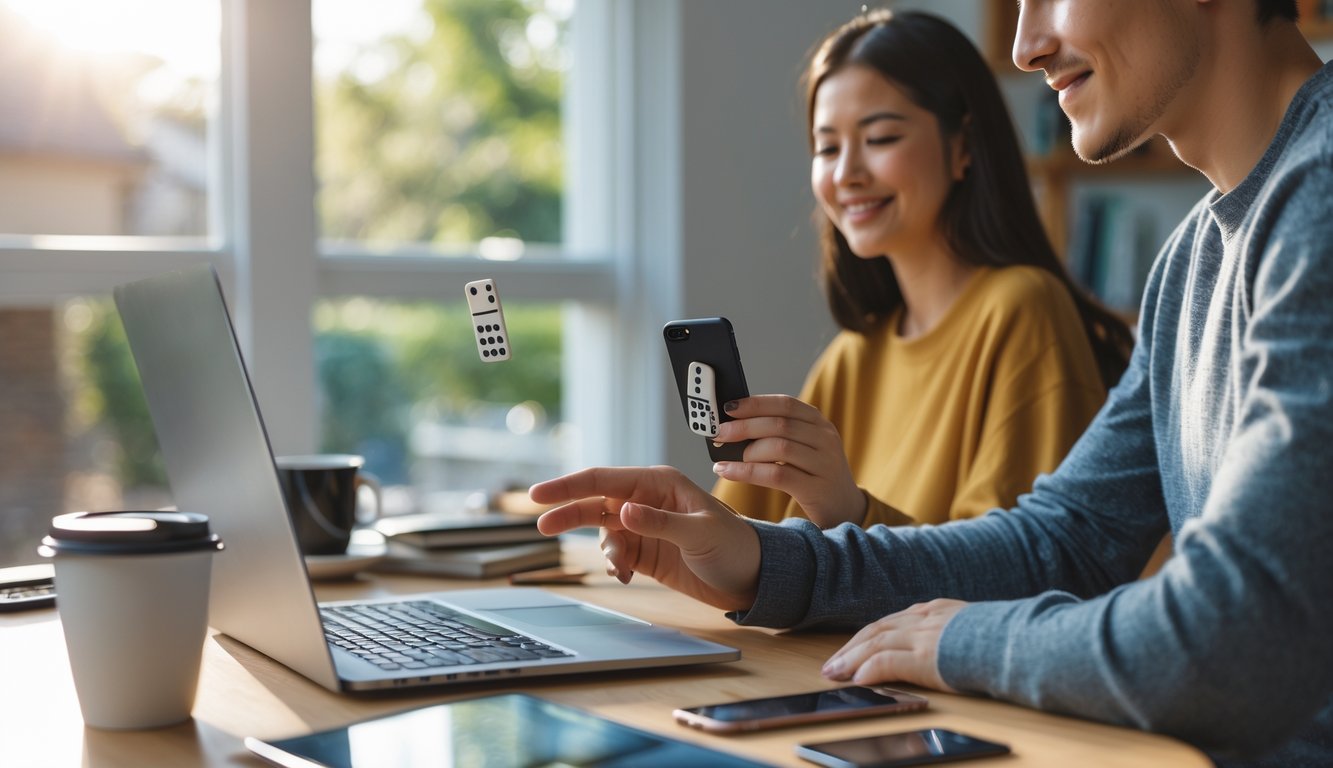 Seorang dewasa muda sedang bermain game domino online menggunakan laptop di ruang tamu yang nyaman dengan cahaya alami.