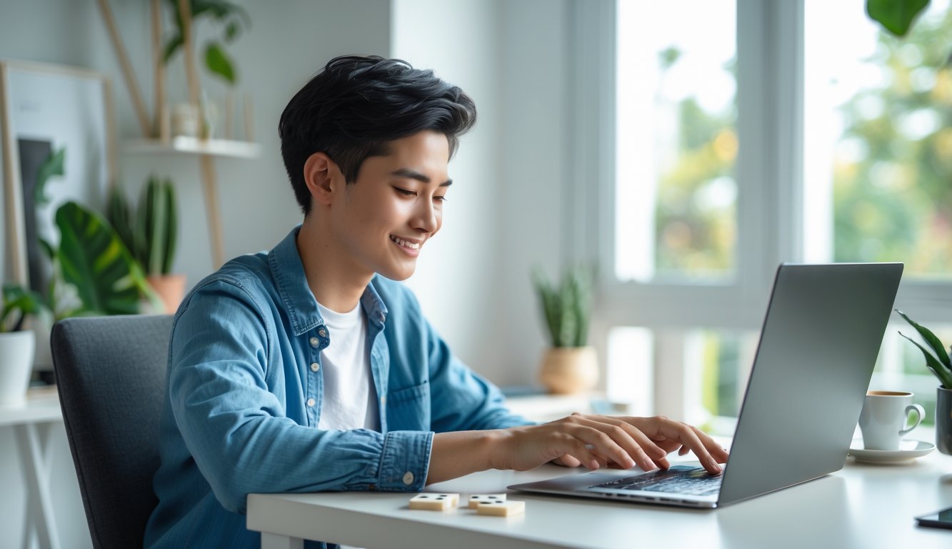 Seorang dewasa muda duduk di meja sambil bermain game domino online di laptop dengan suasana ruangan yang nyaman dan terang.