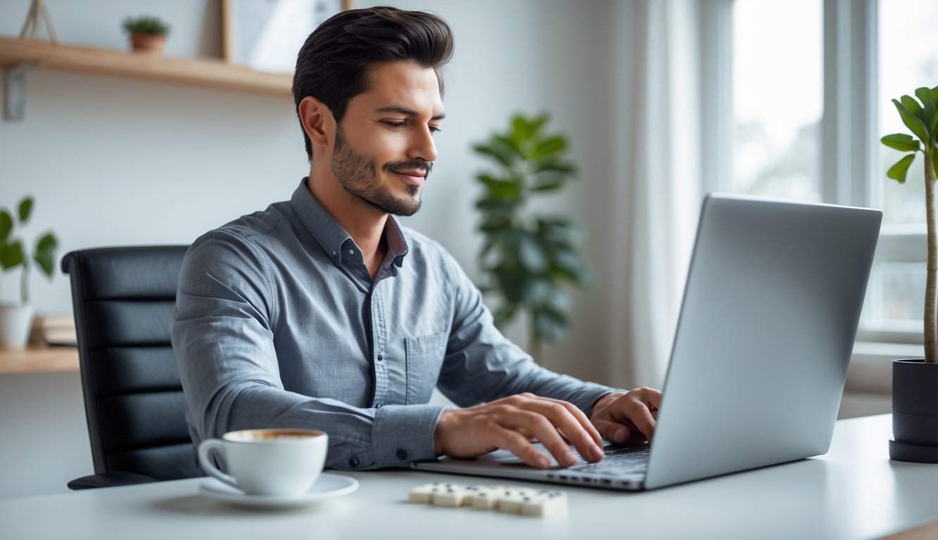 Seorang pria duduk di meja dengan laptop, fokus bermain permainan domino online di ruang kerja yang nyaman.