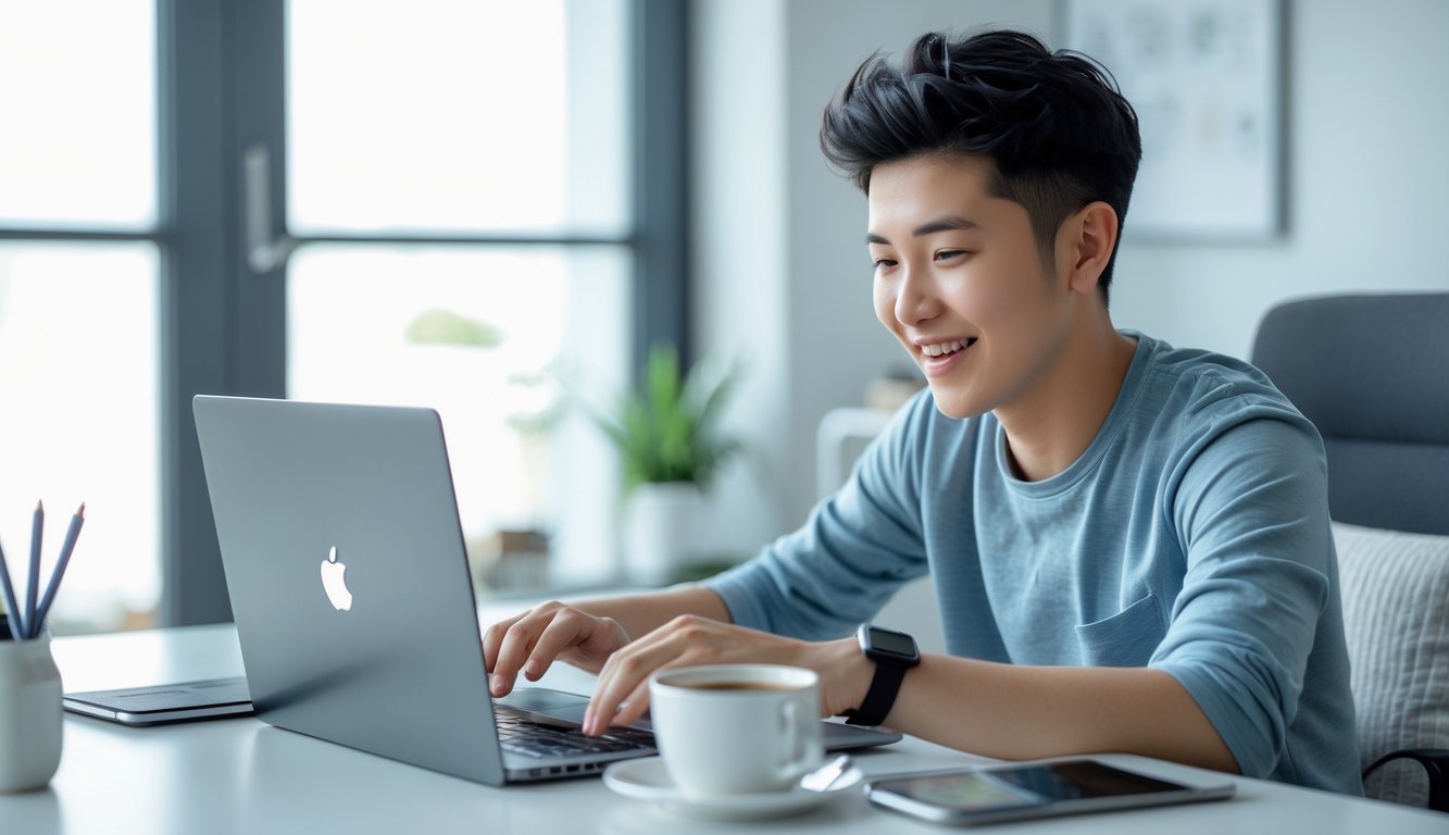 Seorang dewasa muda fokus bermain permainan domino online di laptop di ruang kerja rumah yang rapi dan terang.