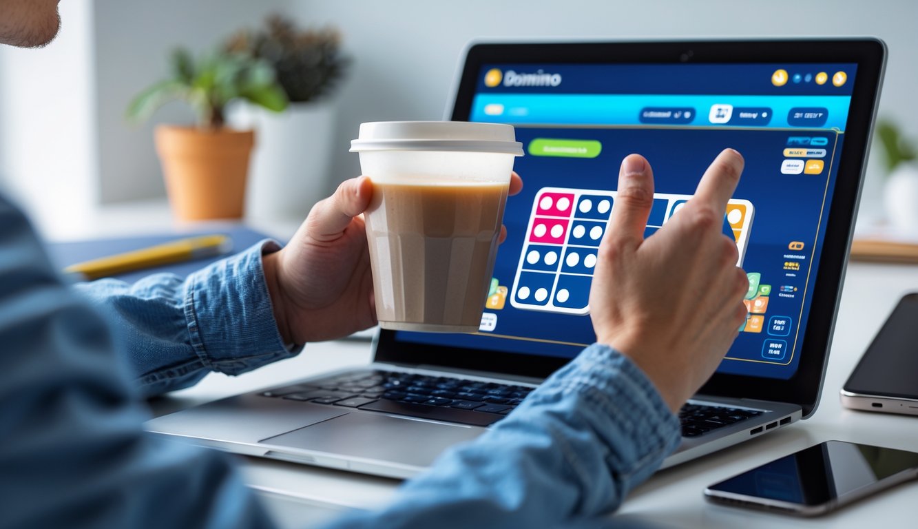 Seseorang sedang bermain game Domino online di laptop di meja kerja dengan suasana santai dan fokus.