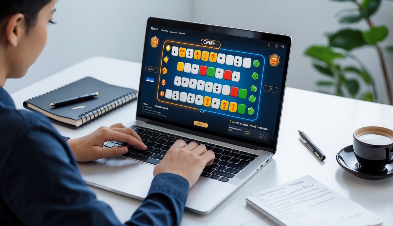Seorang pemain sedang bermain permainan Ceme online di laptop dengan suasana kerja yang tenang dan rapi.