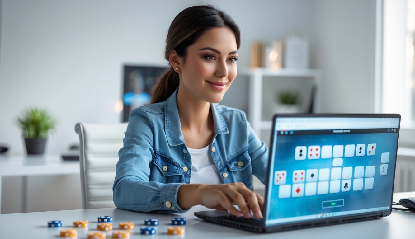 Seorang wanita muda duduk di meja dengan laptop dan domino di sampingnya, terlihat fokus dan santai bermain game domino online.