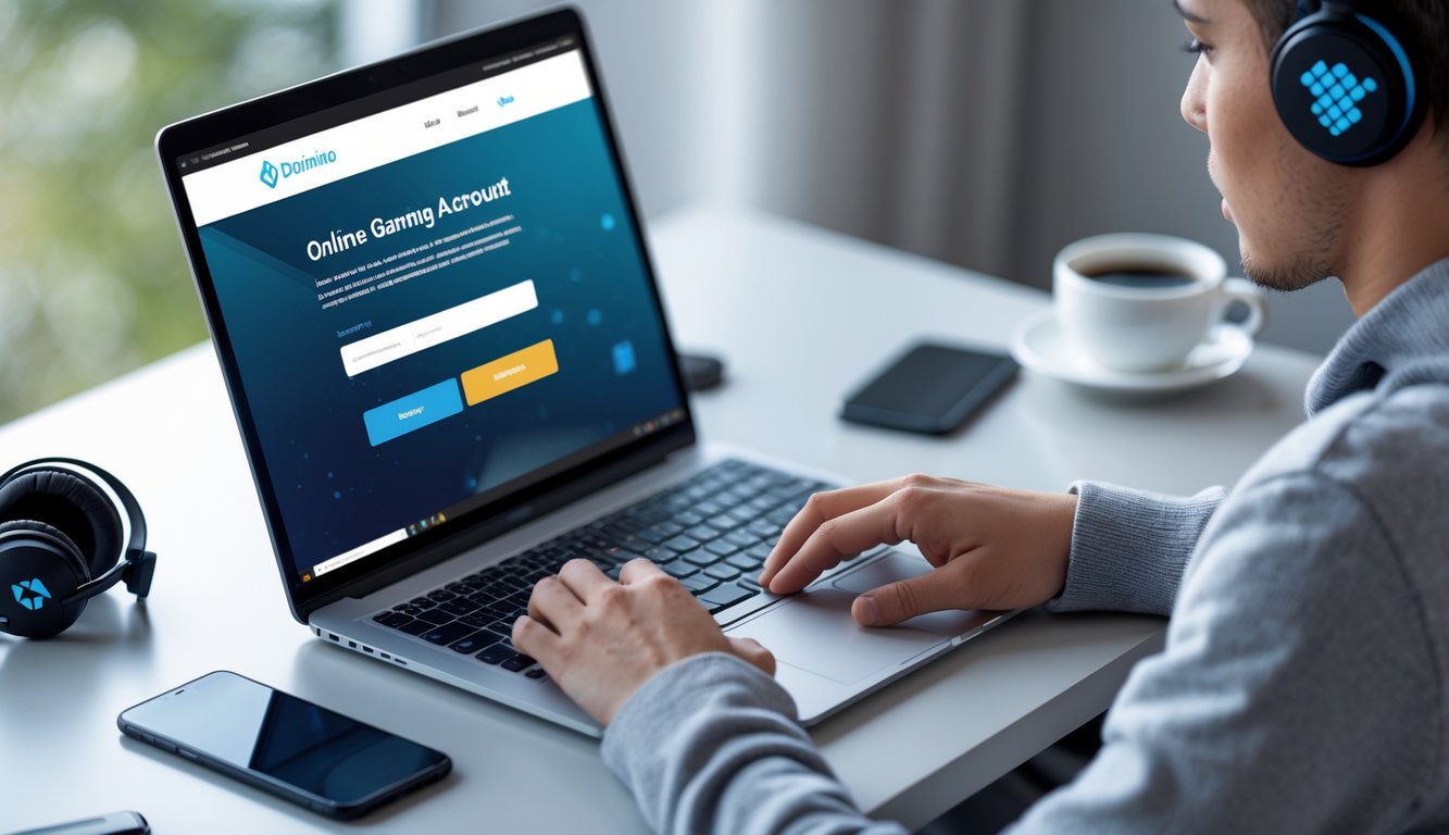 Seseorang duduk di meja dengan laptop terbuka sedang mendaftar akun permainan online di lingkungan kerja yang nyaman.