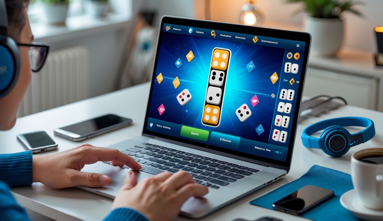 Seorang pemain duduk di depan laptop dengan permainan domino online di layar, dikelilingi oleh aksesori gaming di meja kerja yang rapi.