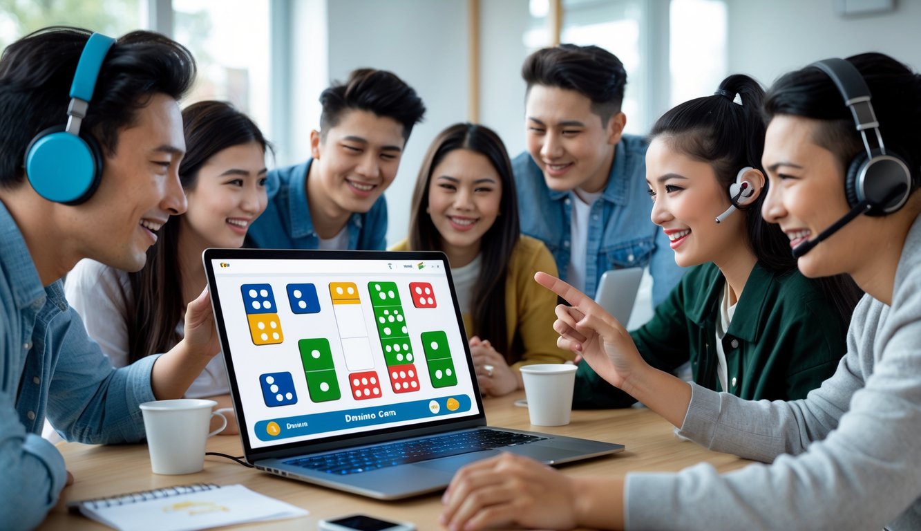 Beberapa orang muda sedang bermain game Domino Ceme online di depan laptop dalam ruangan yang terang dan modern.