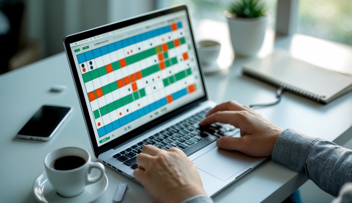 Seseorang sedang bermain permainan domino online di laptop di meja kerja yang rapi dengan suasana terang dan nyaman.
