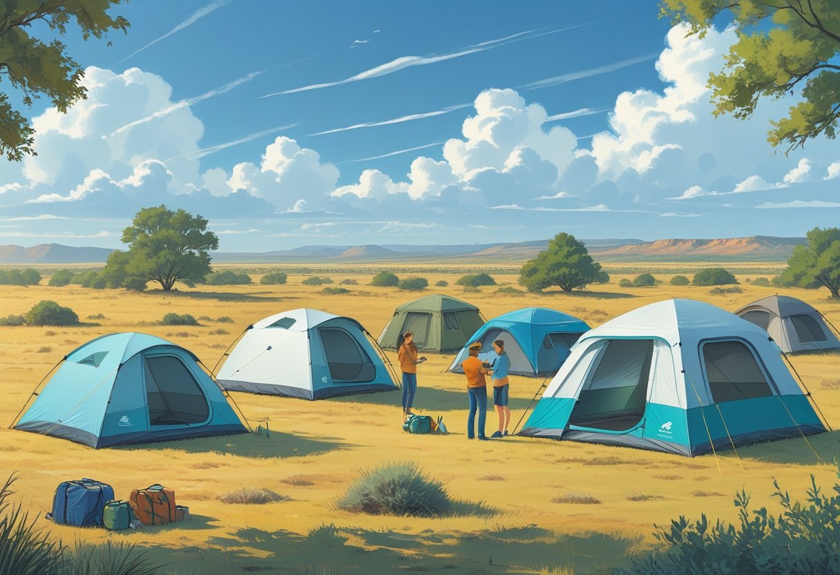 Various tents of different sizes set up in a Texas outdoor landscape with people examining them under a partly cloudy sky.