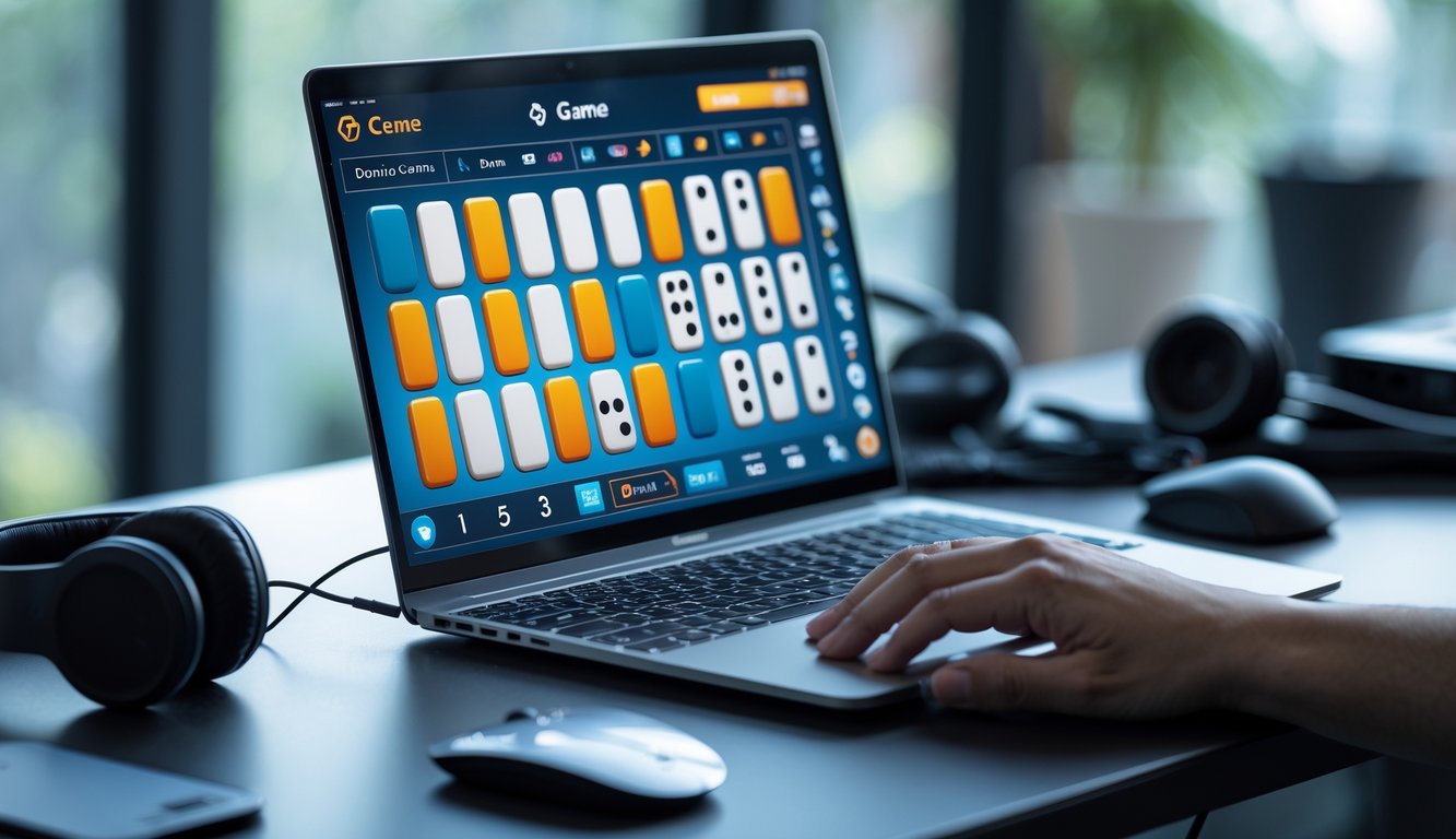 Seorang pemain sedang menggunakan laptop dengan tampilan permainan domino Ceme online di layar, di meja kerja yang rapi dengan aksesori gaming di sekitarnya.
