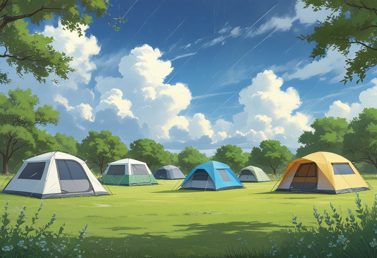 Various tents of different sizes set up on a grassy field in Texas with changing weather conditions, including clouds, sunlight, and wind, surrounded by trees and wildflowers.