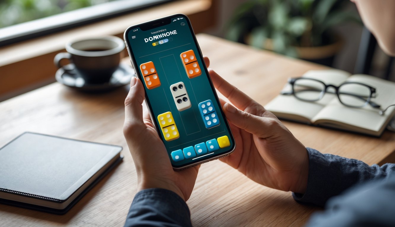 Tangan seseorang memegang smartphone yang menampilkan permainan domino online dengan latar meja kayu dan suasana santai.