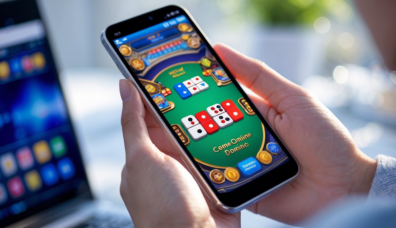 Seseorang memegang smartphone yang menampilkan permainan domino online di layar.